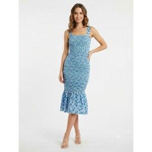 Fashion Women’s Blue Floral Square Neck Smocked Stretch Midi Dress Size M